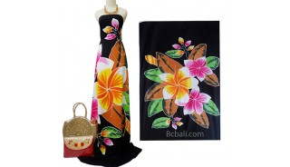 rayon sarong handpainting tropical flower black made in bali